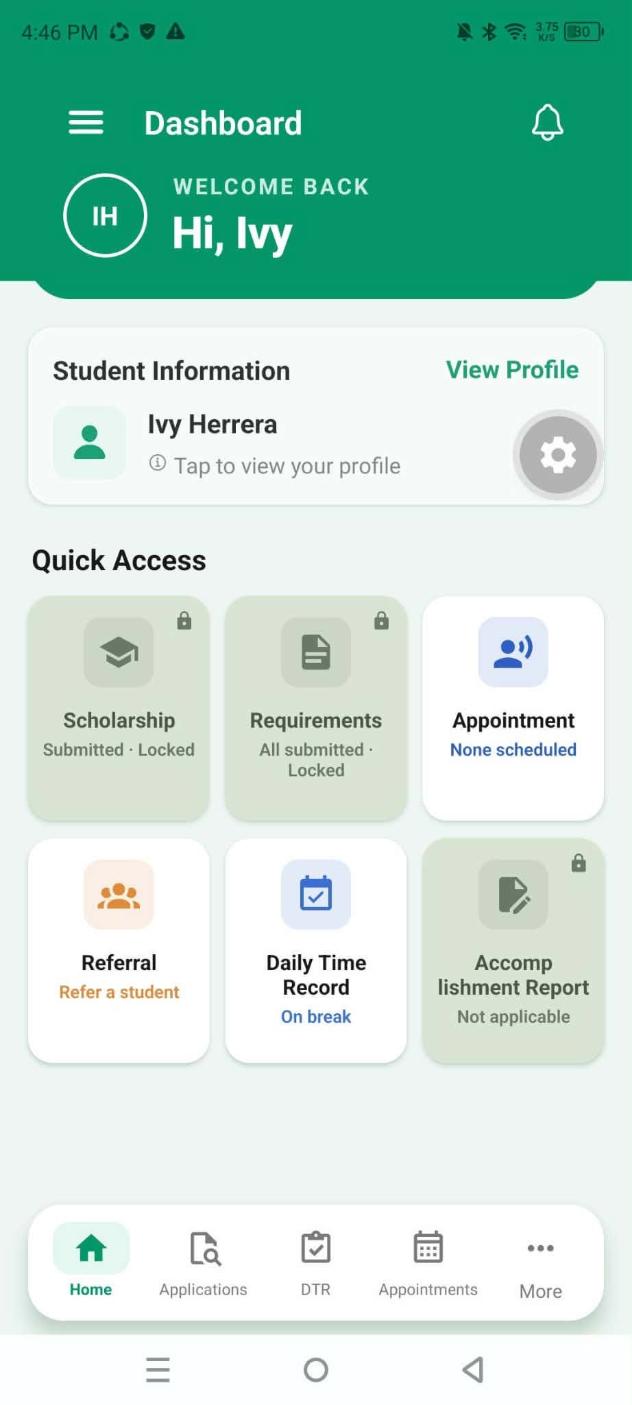 GVCFI mobile app dashboard