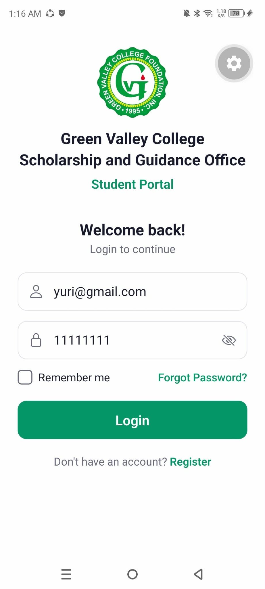 GVCFI mobile app login screen